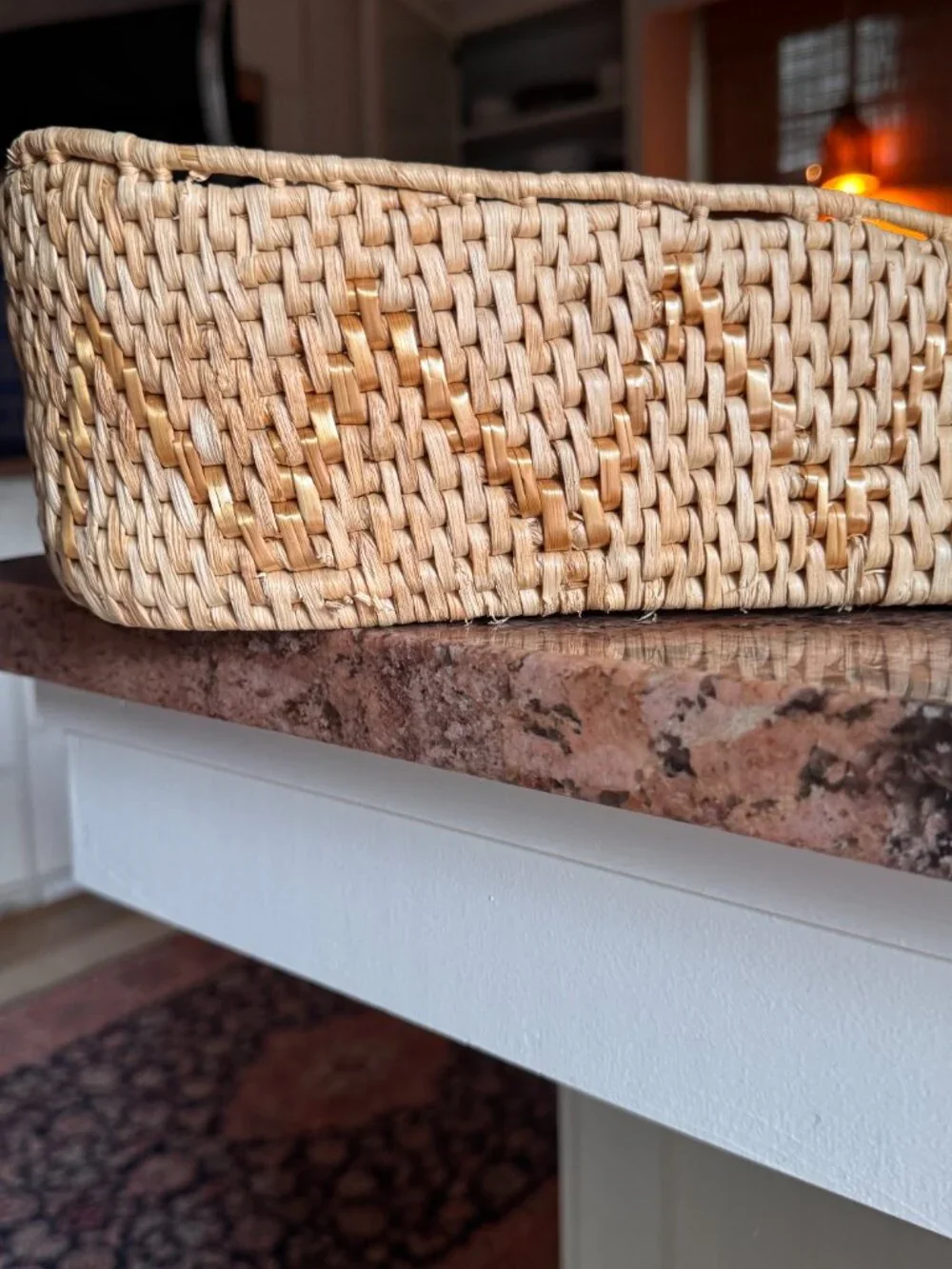 Vintage Woven Natural Rattan Long Bread Basket / Catchall Tray